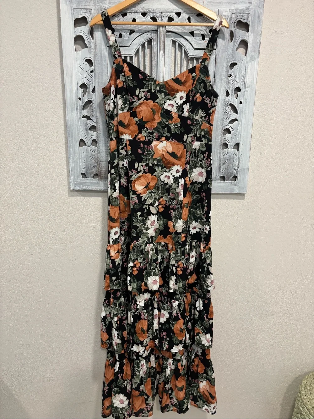 NEW Abercrombie & Fitch Black Floral Tiered Maxi Dress with Orange Blooms